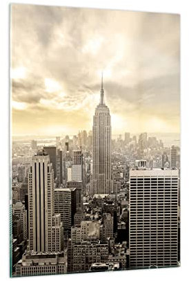 Bilder auf Glas Stadt Wolkenkratzer Manhattan New York Glasbild 50x70cm Wandbilder Dekoration Wohnzimmer Schlafzimmer Küche Deko Klein Wanddeko Bild im Glas Wand Kunstdruck Art Modern GPA50x70-2630