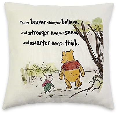 Poaemki You're Braver Than You Believe- Decorative Linen Cushion Cover, Winnie The Pooh and Piglet 18x18 Inch Pillow Square Couch Cover Inspirational Gift for Daughter, Son, Kids, Beige (PM020)