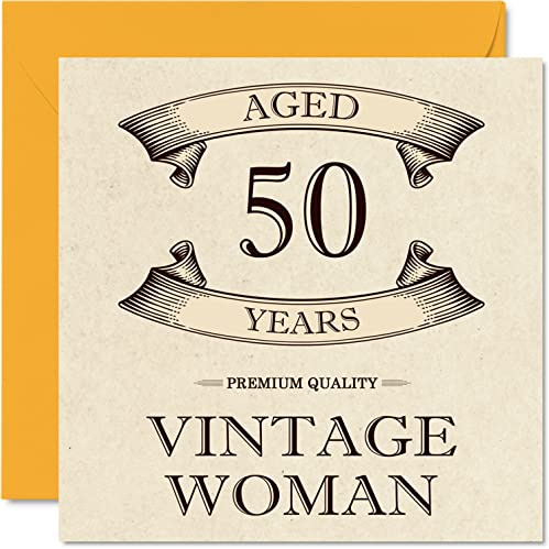 Geburtstagskarte zum 50. Geburtstag im Vintage-Stil für Frauen, 50 Jahre | Lustige Geburtstagskarte für Mama Schwester Ehefrau Freundin Oma Tante, 145 mm x 145 mm Damen-Grußkarten zum 50. Geburtstag
