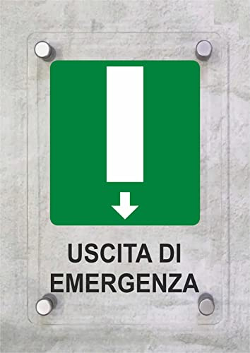 CARTELLO IN PLEXIGLASS SEGNALETICO - USCITA DI EMERGENZA - Con Distanziali in acciaio inox e Stampa U.V. (15X21 cm)