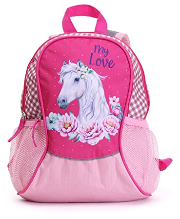 Ragusa-Trade Pferde Kinderrucksack Mädchen Rucksack Kindergartenrucksack Pferd mit Hauptfach, Nebenfach und Getränkenetz - 4 Liter - 35 x 27 x 15 cm, rosa/pink