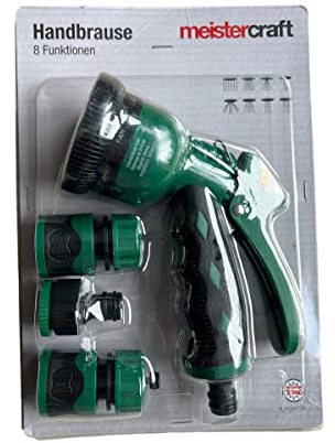 Meistercraft Handbrause 8 Funktionen, Gartenbrause, Spritzpistole 4-tlg, Gartenschlauch Zubehör, Adapter
