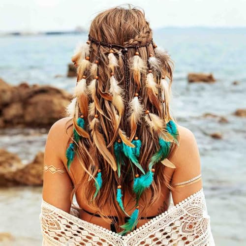 Fashband Indisches Feder-Stirnband, Boho-Quaste, Hippie-Kopfschmuck, blauer Tribal-Kopfschmuck, Perlen, Festival, Party, Kopfbedeckung, Haarschmuck für Damen und Mädchen