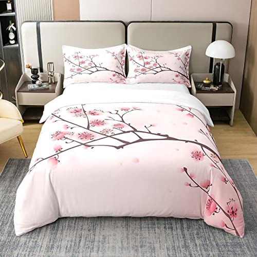 Homewish - Bettbezug 200 x 200 cm, Kirschblüte, Bett mit rosa Blumen, japanische Frühlings-Bettwäsche, Bettbezug Blütenblatt Blassrosa