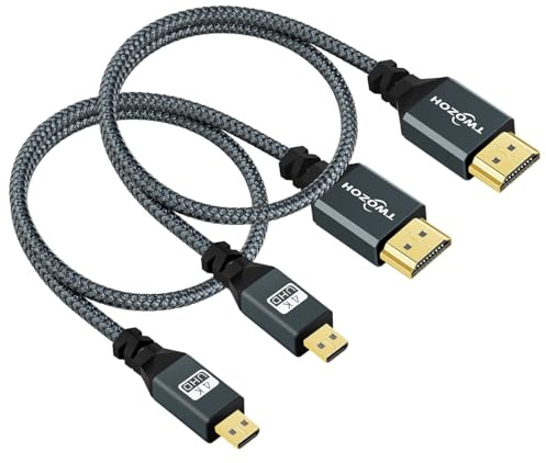 Twozoh Micro HDMI Kabel auf HDMI 2M 2 Stück, Nylon Geflochten HDMI Kabel A auf Micro HDMI D Unterstützt 3D 4K/60Hz 2.0 1080p für GoPro Hero7/8/9 Raspberry Pi 4
