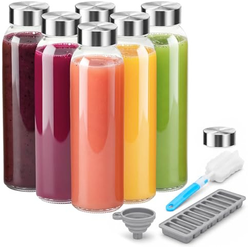 Zukro Glass Juice Bottles with Lids for Juicing 18 oz, Reusable Clear Glass Water Bottles with Stainless Steel Airtight Cap for Refrigerator, 100% Leak Proof Drinking Jar, BPA Free, Set of 6