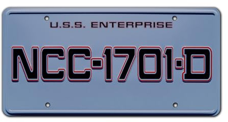 Celebrity Machines | USS Enterprise: The Next Generation | NCC-1701-D | Vanity Plate, Stamped Aluminum, Metal Decorative Tag, Corrosion Resistant, Quality Novelty Sign, Wall Decoration, Wall Hanging