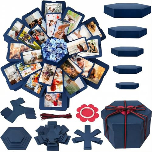Koogel Explosion Geschenkbox, Blau Explodierendes Fotoalbum Überraschung Liebesbox mit DIY Scrapbooking Zubehör für Jahrestag, Geburtstag, Hochzeit