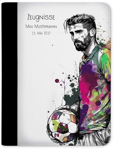 CreaDesign Zeugnismappe A4 mit Namen personalisiert – Fußballspieler weiß – für Jungen – Dokumentenmappe Schule ohne Klarsichthüllen
