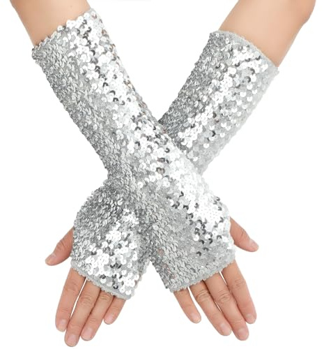 Yolev Fingerlösa handskar med paljetter – fiskfjäll glitter långa handskar för festkläder, bal, rave