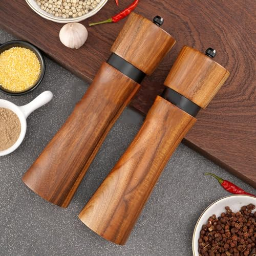 Wooden Salt Pepper Grinder Set, Wooden Pepper Mill Shaker Modern Pepper Mill Shakers Adjustable With Rack Stand - Pepper and Salt Mill(2PCS)