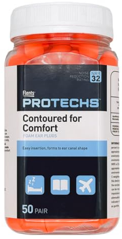 Flents Protechs Foam Ear Plugs, Contoured for Comfort, Ideal for Work with Loud Noise, Heavy Machinery, Construction, Studying & Traveling, NRR 32, Orange, Easy to Use, 50 Pair