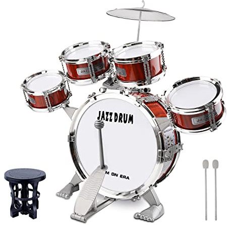 Junior Kids Drum Kit,Toddler Jazz Drum Toy 5 Drums & Cymbal Kit with Stool Mini Band Rock Set - Musical Instrument Toy Gift for 1 2 3 4 Years old Boys Girls