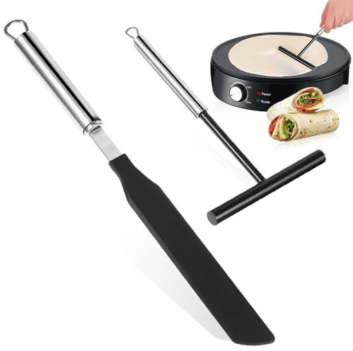 Riiaoyu 2 Piezas Esparcidor de Crepes y Espátulas de Acero Inoxidable, Mango y Espátula Crepe Distribuidor de Masa Pancake Kit Herramienta Tortitas Spreader Panqueques Rodillo para Cocina Hornear