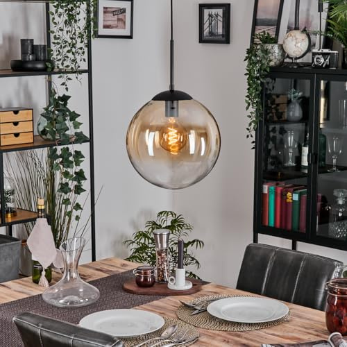 HOFSTEIN Hängeleuchte Gastor, 1-flammige Hängelampe aus Metall/Glas in Schwarz/Bernstein/Klar, Vintage-Design (Ø 30cm), E27, Pendelleuchte höhenverstellbar bis max. 130cm, Esszimmer, Wohnzimmer, Küche