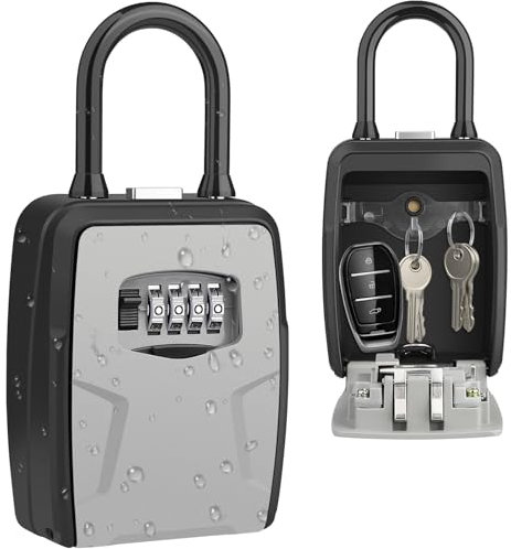 Large Diyife Lock Box - Hanging & Wall Mounted Key Safe With Removable Shackle, Waterproof Portable, 4 Digit Combination for House, Car Keys, Cards - Grey