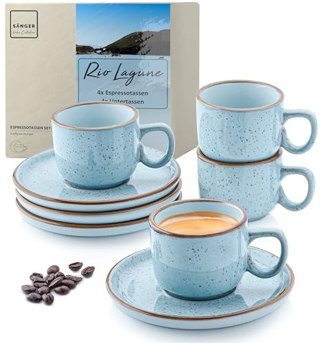 SÄNGER Rio Lagune | Espressotassen Set 8 teilig, Tassen Set 4 Personen, Espresso- & Mokkatassen, kratz- spülmaschinen- mikrowellenfest, 4xTassen & 4xUntertassen blau 80 ml | VALUE COLLECTION