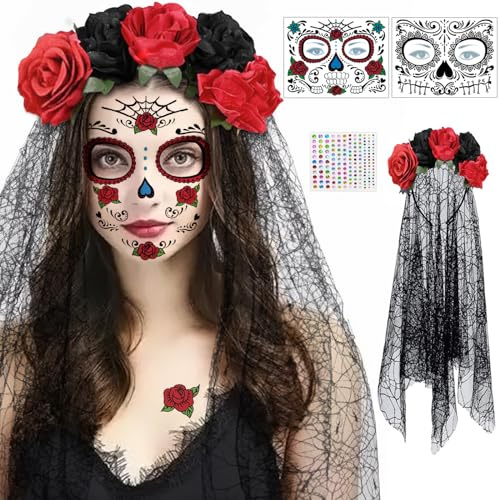 Halloween Haarreif und Schleier Gesichtstattoo, Dia de los Muertos Mexikanische Stirnband Schwarz Rot Blumen Kronen, Tag der Toten Haarschmuck, Karneval Halloween Damen Kostüm Schminke Accessoires
