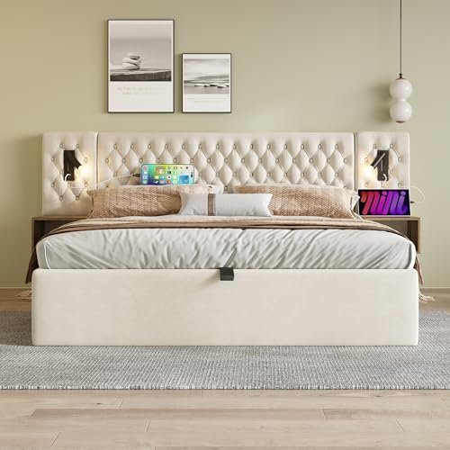 Bettanlage Schlafzimmer Komplett Set,Polsterbett Hydraulisch Stauraumbett Doppelbett 160×200 cm mit 2 Nachttischen, Kopfteil Leselicht mit USB Ladefunktion-241×210×105 cm, Samt (Ohne Matratze) (Beige)