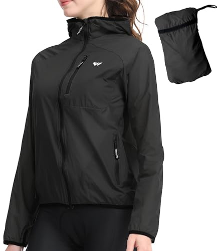 Wulibike Fahrradjacke Damen Faltbare Regenjacke Leicht und Atmungsaktiv Laufjacke Reflektierende Windbreaker für Radfahren,Trekking und Outdoor Schwarz A3=M