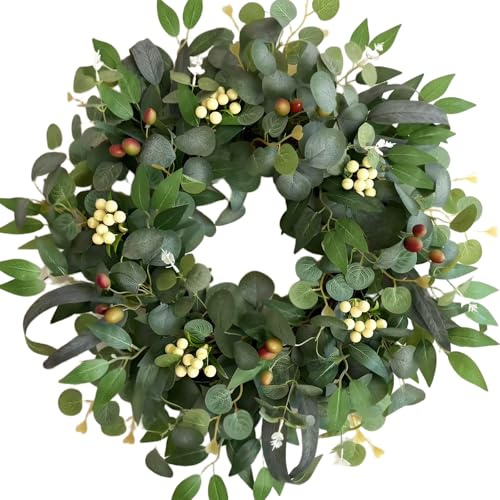 22-24 Eucalyptus Wreaths for Front Door,Spring Summer Fall Autumn Winter Wreaths,Large Eucalyptus Greenery Wreath with Olive Leaves Berries for Front Door Outdoor Farmhouse Decor All Seasons