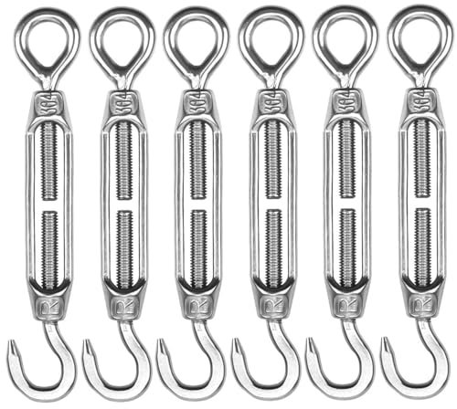 6 PCS Stainless Steel Turnbuckle Bolt Wire Rope Tensioner, M4 Adjustable Garden Cable Tensioner Kit with Hook and Eye for Rope, Wire, Outdoor Use