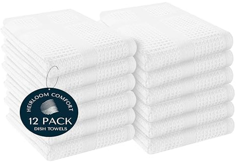 HEIRLOOM COMFORT 12 Pack White Waffle Weave Kitchen Towels, 100% Cotton, 40x66 cm, Super Absorbent, Quick Dry Dishcloth Set with Hanging Loop, Soft for Drying Dishes, Cleaning, Hand Towels, Durable