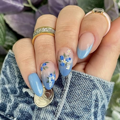 Cosmeria Almond Press On Nails Kit, Blaue Französische Spitzen Mit 3D Blumen, Wiederverwendbare Acrylnägel Mit Nagelfeile Und Jelly Glue Stickers