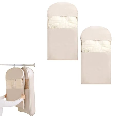 Cremallera autocomprimible，Bolsa para ropa colgante que ahorra espacio con,Funda antipolvo para abrigos de plumas, organizadores de armario que ahorran (Beige, 90 cm 2 piezas)