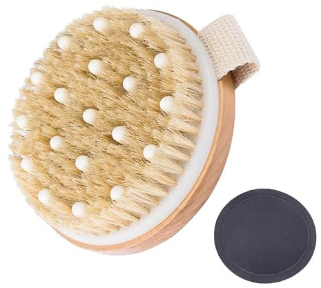 Dry Brushing Body Brush, 2-Piece Set of 11cm Exfoliating Brush and 13cm Body Scrubber, Natural Bristles and Rubber for Lymphatic Drainage, Cellulite Reduction, and Skin Renewal