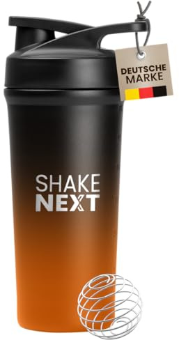 ShakeNext® Edelstahl Shaker [NEUEINFÜHRUNG] - Trinkflasche mit Mixball 700ml, Fitness und Protein Shaker mit auslaufsicherem Druckverschluss, patentiertes Design mit Farbverlauf (Schwarz-Orange)