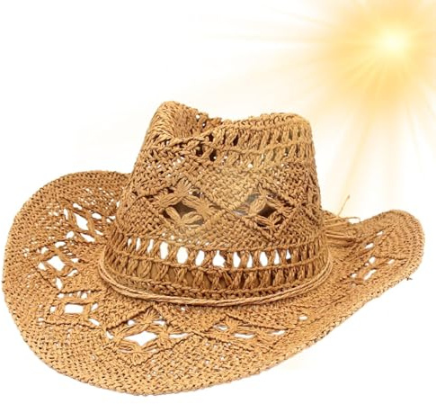 Cowboyhatt strå, västerländsk stil solhatt, 56 – 60 cm brett brätte huvudbonad till UV-skydd, perfekt för bondgårdsarbete, vandring, temafester, strandresor, kostym och fotografering