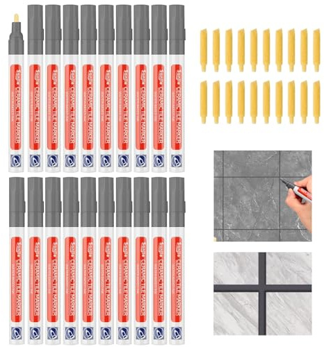 20 lápices para juntas grises para restauración, lechada, azulejos gris oscuro, rotulador para reparación de azulejos, baño, cocina, con 20 puntas de repuesto