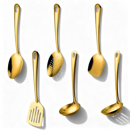 Küchenutensilien Set 6-Teilig,Goldenes Kochbesteck,Besteck Gold aus Titan-beschichtetem Edelstahl,Küchengeräte Spatel Set,Essentials Küchenhelfer Besteck Spülmaschinenfest