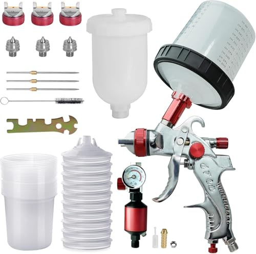 HVLP Paint Spray Gun Kit with 600ml Disposable Paint Cups, Paint Gun for Cars & House DIY Painting, 1.4/1.7/2.0mm Nozzles, with Paint Sprayer Accessories (Black)
