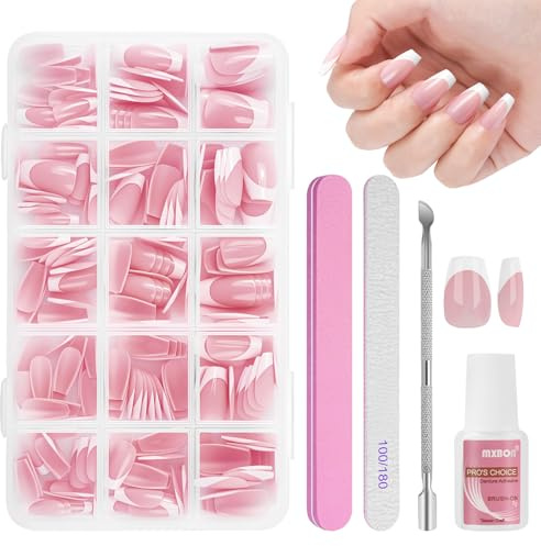 BUTBU 240 Piezas Uñas Postizas Francesas Cortas, Uñas Postizas Francesas, Conjunto Completo De Uñ-as Falsas Estilo De Pegado, con Pegamento, para Salones Uñ-as, Manicuras DIY(Corto-Ballet)