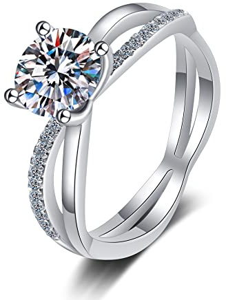 Diamantring, Moissanitförlovningsringar for kvinnor 1ct rund slipning D-färg VVS1 diamantringar Moissanit vigselring(7)