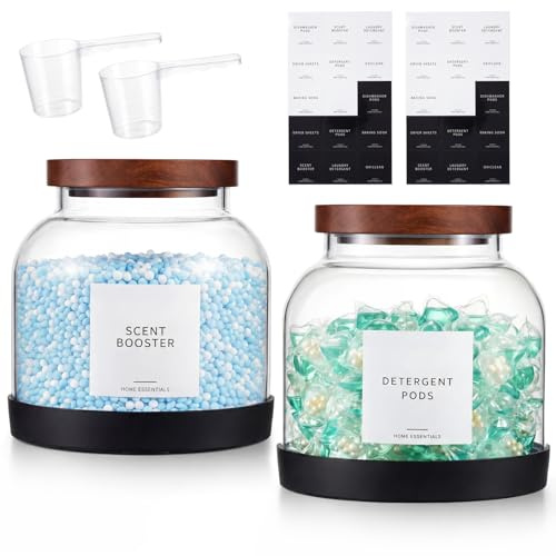Zhehao 2 Pack Glass Laundry Pods Container with 30 Labels, Scoops, Non Slip Base, Wood Lid, Half Gallon Laundry Detergent Container Powder Containers Canisters Set Laundries Room Organization Jars