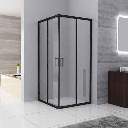 Duschkabine Eckeinstieg 90 x 80 x 185 cm mit Doppel Schiebetüren Duschwand, ESG Klar Sicherheitsglas, Schwarz Rahmen komplett Dusche Glas Duschabtrennung, ohne Duschtasse