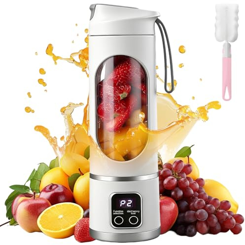 Portable Juicer Blender 450ml, Personal Blender USB Rechargeable, Fruit Mixer with 12 Blades Brush, Milkshakes, Protein Drinks, Fresh Iced Drinks, For Home, Gym, Outdoor (White)