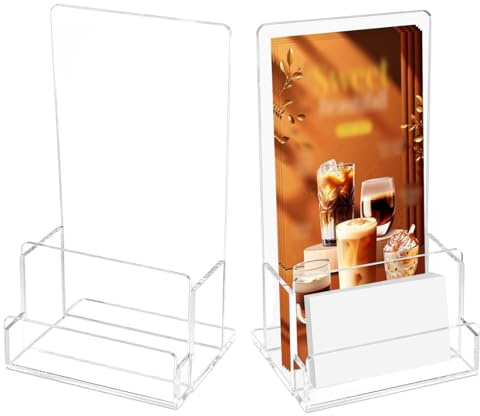 TCETCY 2 Pack Expositor para Folletos A6 de Metacrilato Transparente Soporte Inclinado con Porta Tarjetas de Visita Organizador de Flyers Publicidad Base Antivuelco Estable para Mesa Mostrador Negocio