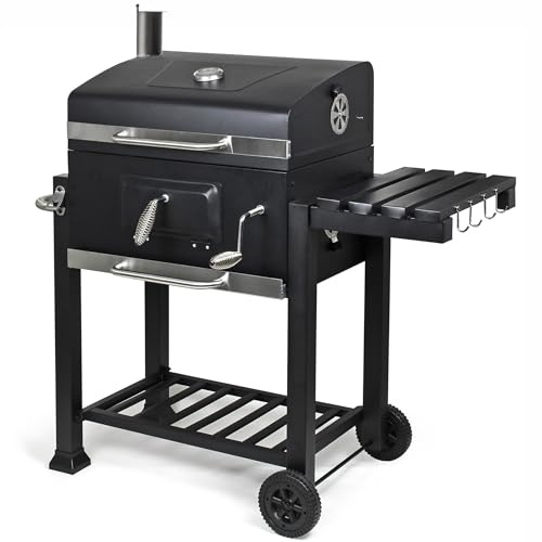 Meridiana Barbecue a Carbonella XXL con Coperchio, Termometro, griglia per barbecue in Acciaio Inox, Cestello Regolabile, Ripiani Pieghevoli e Ruote. barbecue carbonella da Giardino