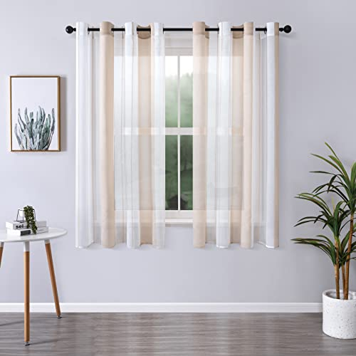 MRTREES Voile Gardinen Kurz Vorhang Halbtransparent Streifen Stores Schals mit Ösenschal Moderner Wohnstil Weiß+Khaki 145×140cm (H×B) für Dekoration Kinderzimmer Wohnzimmer Schlafzimmer 2er-Set