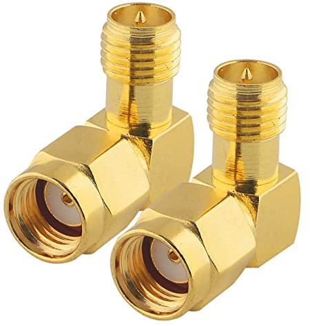 BOOBRIE Adaptador RP-SMA de 90 grados RP-SMA macho a RP-SMA hembra de ángulo recto RP-SMA conector coaxial HF adaptador coaxial RP-SMA macho a RP-SMA hembra adaptador para audio FPV Drone antenas