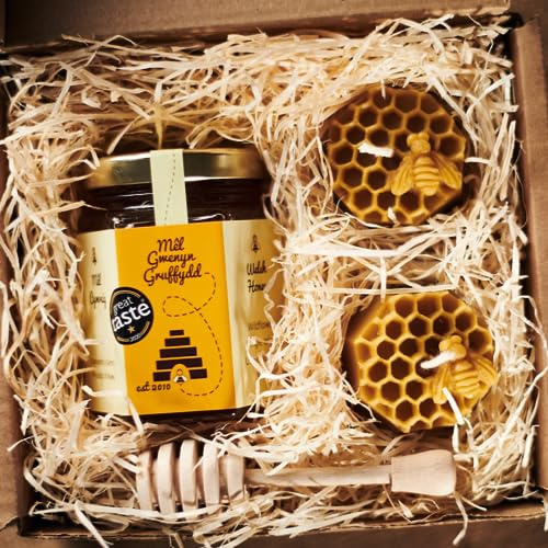 Small Welsh Wildflower Honey and Beeswax Candle Hamper Gift Set Box | Honeycomb Hexagon Honeybees Tealight | 100% Pure & Natural Sustainable | British Honey Gift Set