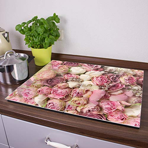 banjado Herdabdeckplatte Glas 2-teilig 60x52cm - Schneidebrett Herdabdeckung - Herdabdeckplatten Ceranfeld 2-teilig - Schneidebrett Glas - Motiv Strauss Rosen