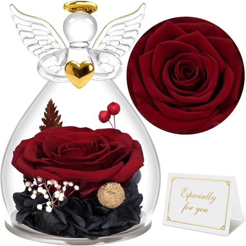 Sunia Ewige Rose Engel Geschenke für Frauen, Ewige Rose im Glas Engel Figur Geschenke für Mama, Geburtstagsgeschenk für Frauen, Mama Geschenk, Mutter Oma Geschenk, Muttertag Weihnachten Valentinstag