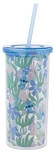 Silver Buffalo Lilo and Stitch Becher mit Deckel und Strohhalm, Kunststoff, Blumenmuster, hoch, 590 ml