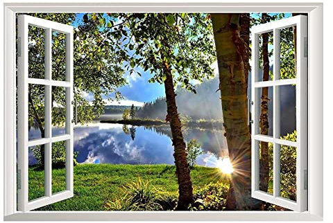 Lichi Realistic 3D Lakeside Wall Sticker, Peel & Stick Window Art Decal, Lake Forest View Nature Landscape, Self Adhesive Decoration, Mural for Bedroom Bathroom Living Room, Removable Wallpaper Decor