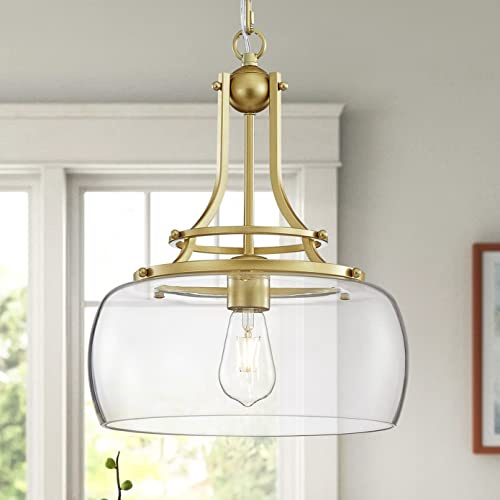 WUZUPS lampadario rustico casale industriale rotondo soffitto pendente led lampadario con paralumi in vetro trasparente per sala da pranzo cucina isola foyer ingresso, h 43 x w 34, base e27, oro
